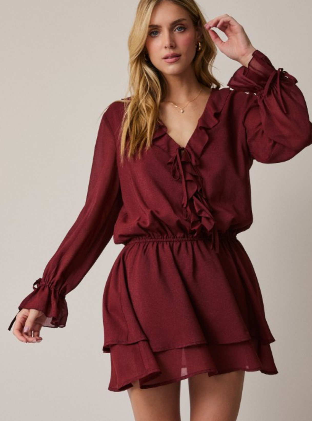 Frilled V-neck Long Sleeve Mini Dress