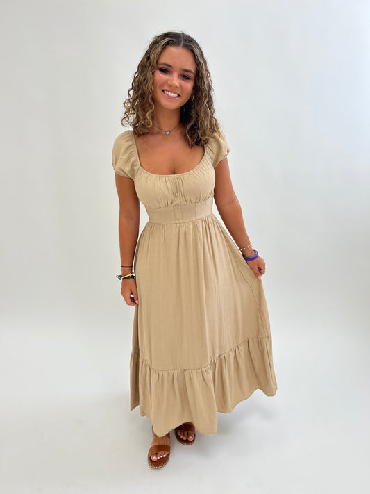 Bella button Dress in Khaki