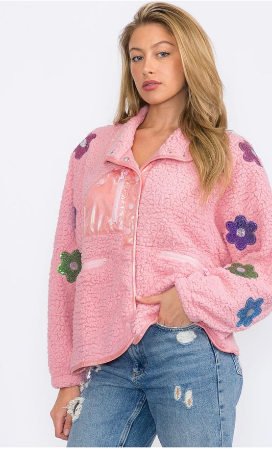 WOMEN'S LONG SLEEVES BUTTON CLOSURE FLOWERS DETAILED SHERPA SWEATER