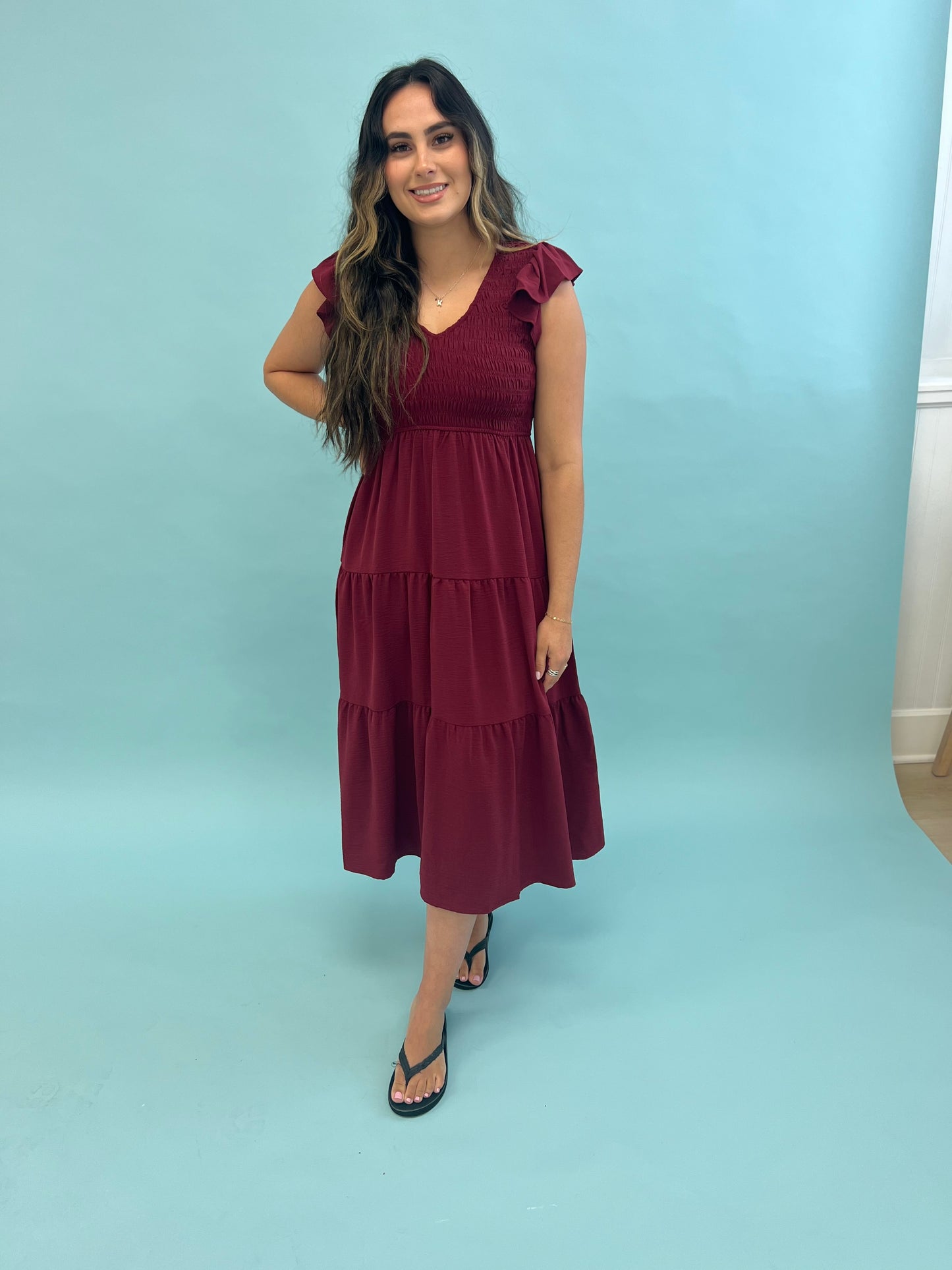Burgundy flutter maxi dress