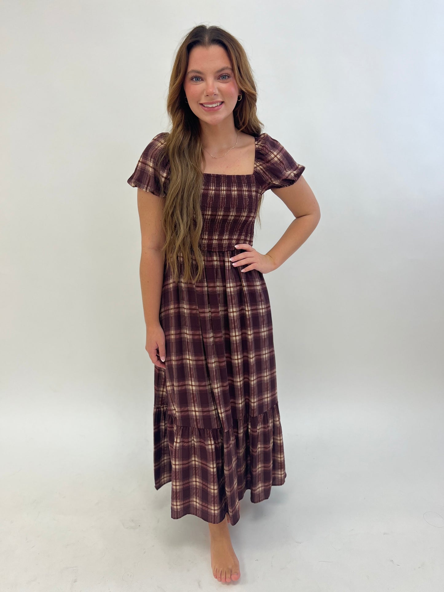 Plaid Smocked Puff Sleeve
Ruffle Hem Midi Dress