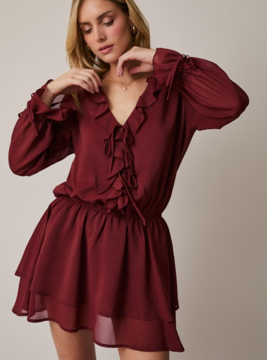 Frilled V-neck Long Sleeve Mini Dress